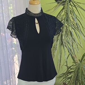 Belldini Black Lace Keyhole Blouse